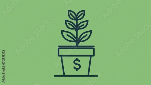 Money Gardening Outline of a flowerpot with a dollar sign growing from it, on a plain, green background, photo