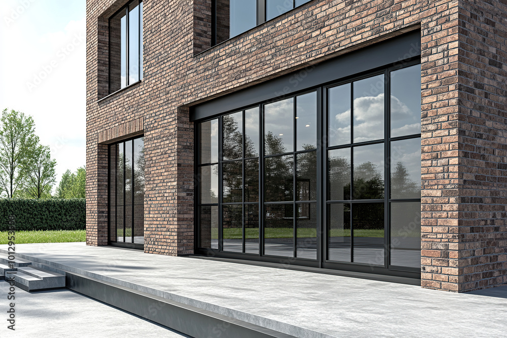 A modern house with black-framed double-casement windows and sliding doors, a brick wall on the right side of it, and a large glass door leading to an outdoor patio area. A modern house with black-framed double-casement windows and sliding doors, a brick wall on the right side of it, and a large glass door leading to an outdoor patio area.