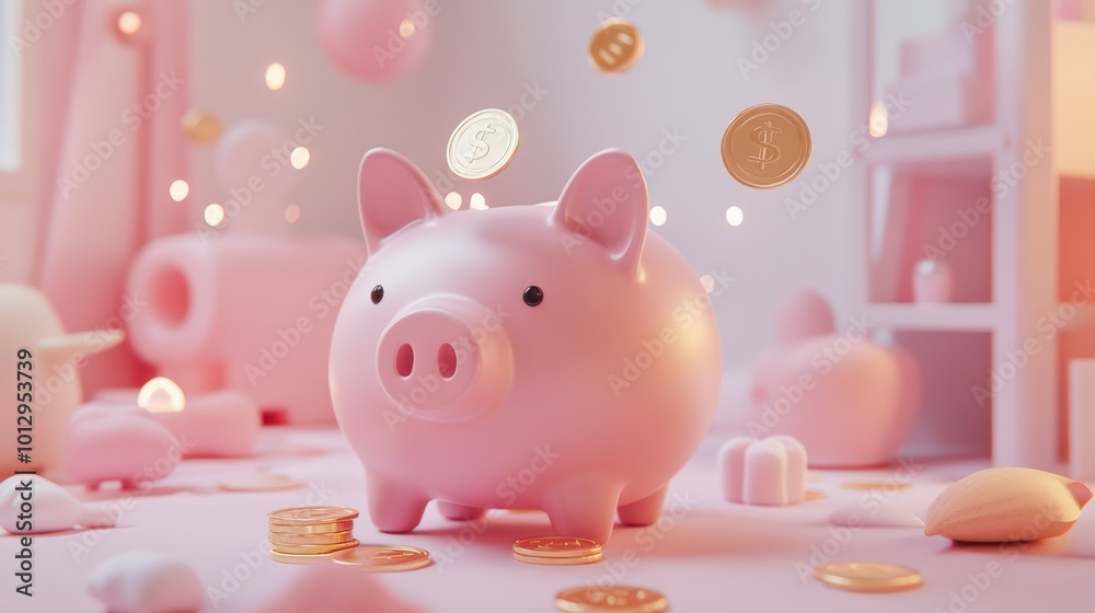 Cute 3D Pink Piggy Bank with Gold Coins Dropping In Cute 3D Pink Piggy Bank with Gold Coins Dropping In