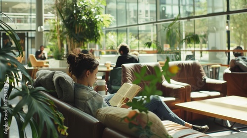 Student Relaxing in Campus Lounge with a Book