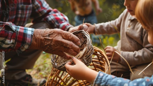 Elder Teaching Children Traditional Basket Weaving