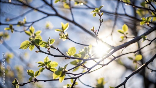 Sunlight filters through tree branches, illuminating leaves in a vibrant display of nature's beauty during spring or summer,Sunlight streams through the branches of a tree,The sun shines through tree 