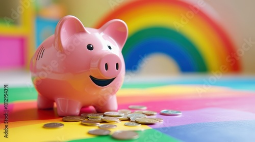 Cute Pink Piggy Bank on Colorful Table