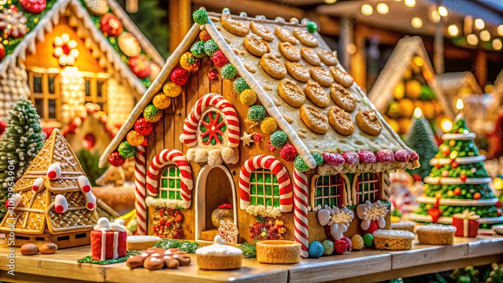 Fototapeta premium A whimsical gingerbread village with candy cane accents and sugared cookies adorning the roof, creating a festive and delightful winter wonderland.