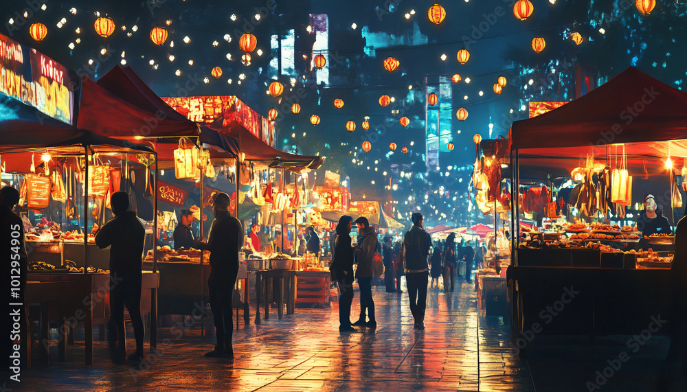 Capture people exploring a lively night market, with vibrant street food stalls and glowing lights in the background