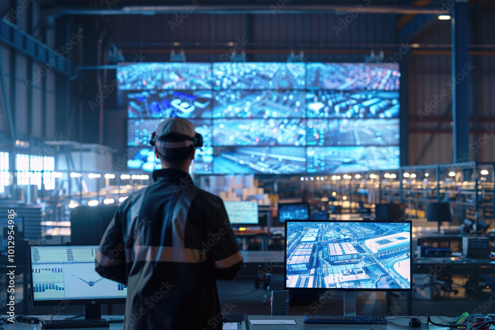 Drone autonomously mapping large factory complex, technician supervising from control room, focus on AI integration Drone autonomously mapping large factory complex, technician supervising from control room, focus on AI integration