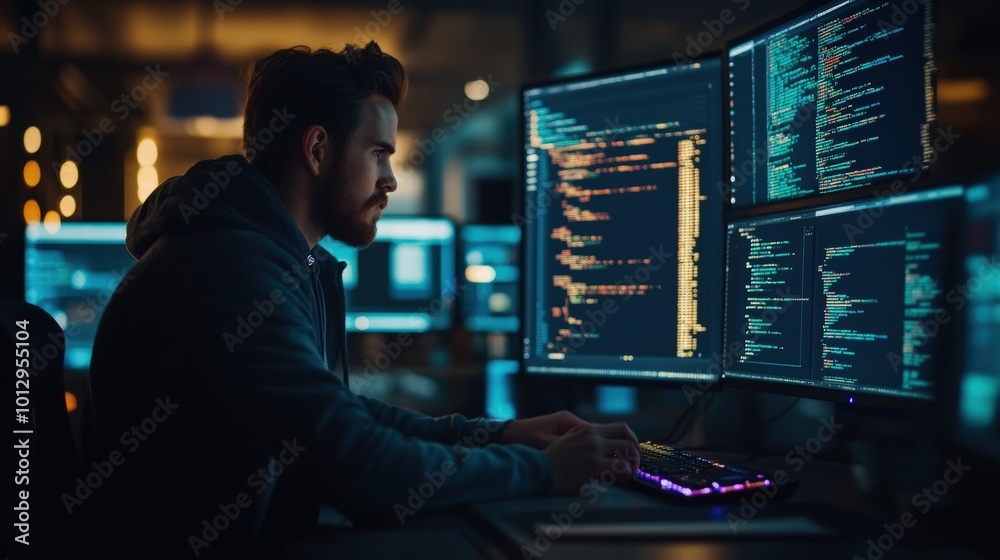 Programmer Focused on Coding in Dark Office Environment Programmer Focused on Coding in Dark Office Environment