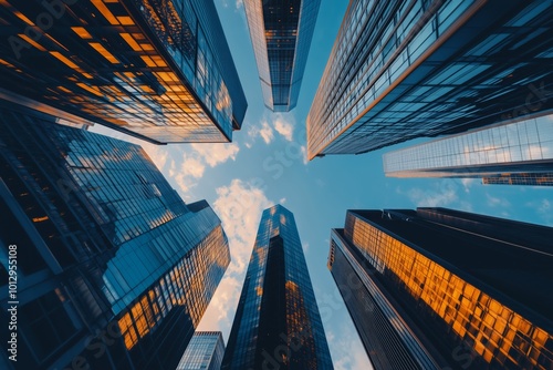 Gazing skyward at towering office architecture beneath a clear blue sky within the business heart of a contemporary cityscape