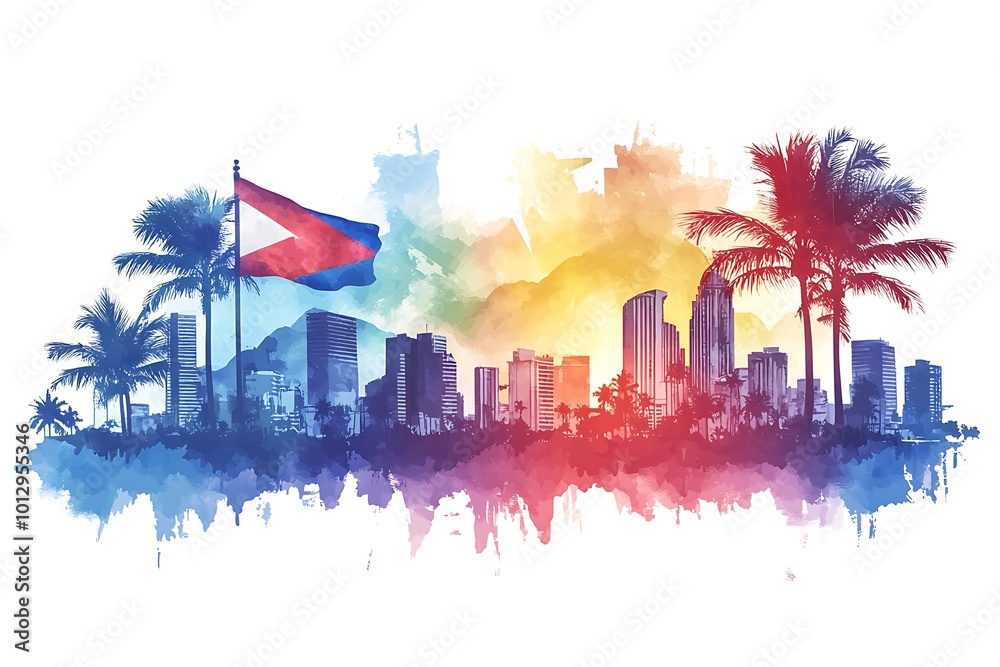 Obraz premium Philippines national flag wavering in beautiful clouds with building skyline. 