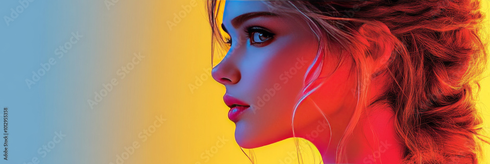 Young woman with blonde hair in profile view, glowing in blue and red light. Young woman with blonde hair in profile view, glowing in blue and red light.
