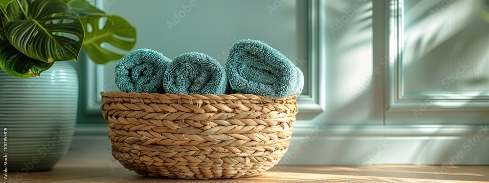 Fototapeta premium stack of texture towels on green background. copy space. spa and wellness environments, promoting relaxation and hygiene. banner 