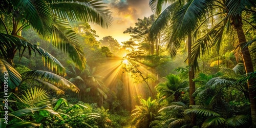 Golden rays of sunlight pierce through the dense canopy of a lush tropical jungle, illuminating the vibrant emerald foliage and creating an ethereal glow.