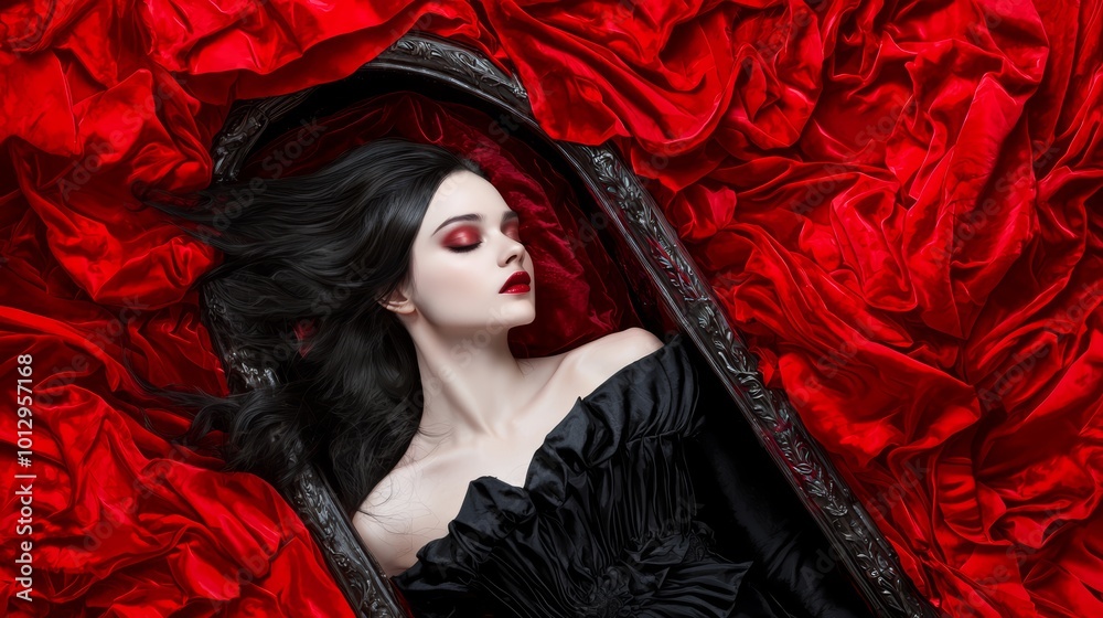 A vampire with long, dark hair and traditional gothic dress, lying peacefully in an ornate coffin, surrounded by the rich red velvet and soft candlelight. A vampire with long, dark hair and traditional gothic dress, lying peacefully in an ornate coffin, surrounded by the rich red velvet and soft candlelight.