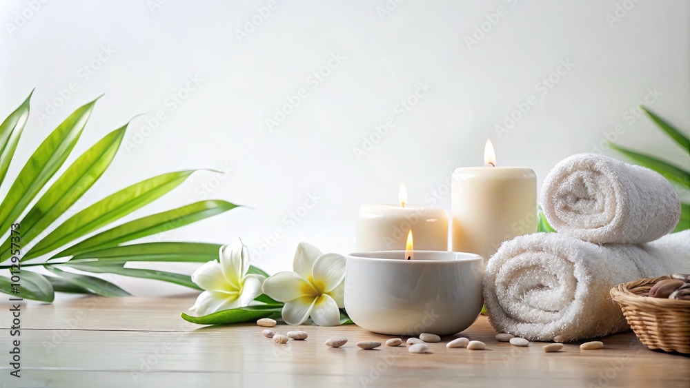 Serene Spa Setting with White Candles, Rolled Towels, and Delicate White Flowers on a Wooden Surface Serene Spa Setting with White Candles, Rolled Towels, and Delicate White Flowers on a Wooden Surface