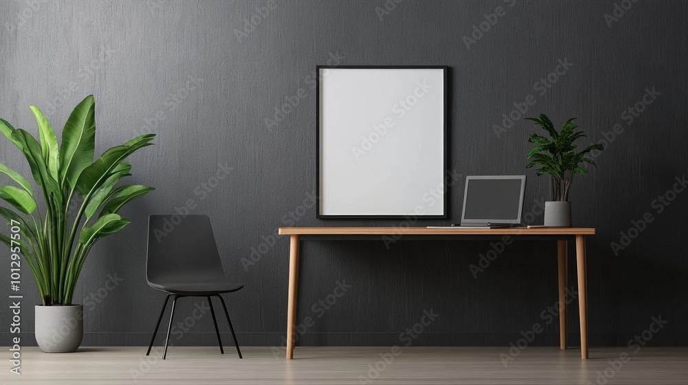 Modern workspace with plants, a chair, and a blank frame on a dark wall.