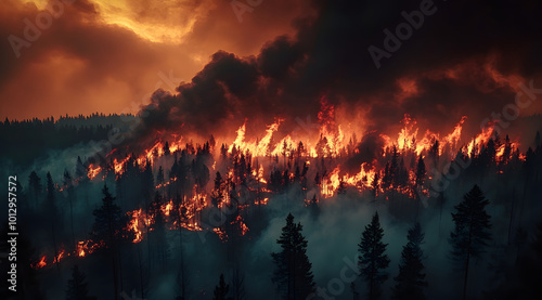 Large-scale forest fire with dark smoke plumes during a devastating wildfire.