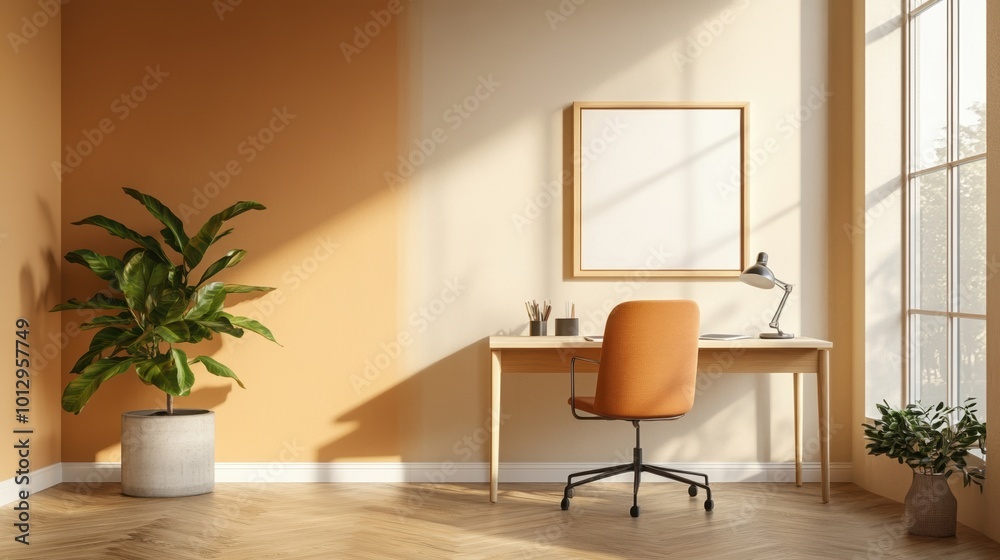 Stylish home office with warm tones and natural light streaming through the windows. Stylish home office with warm tones and natural light streaming through the windows.