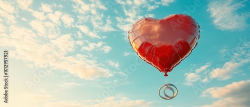 A romantic red heart-shaped balloon floating in a clear blue sky, symbolizing love and happiness.
