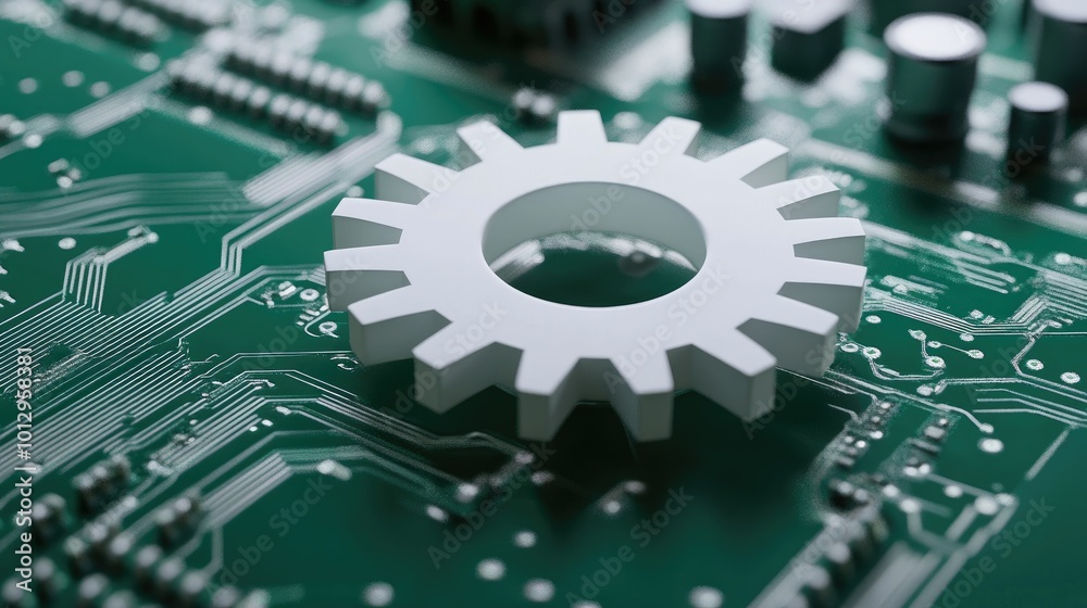 3D render of a white paper gear wheel on a green circuit board, symbolizing technology and innovation. 3D render of a white paper gear wheel on a green circuit board, symbolizing technology and innovation.