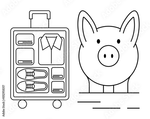 Luggage packed with neat compartments next to a piggy bank. Ideal for travel preparation packing organization savings vacation planning and financial management. Simple line art style