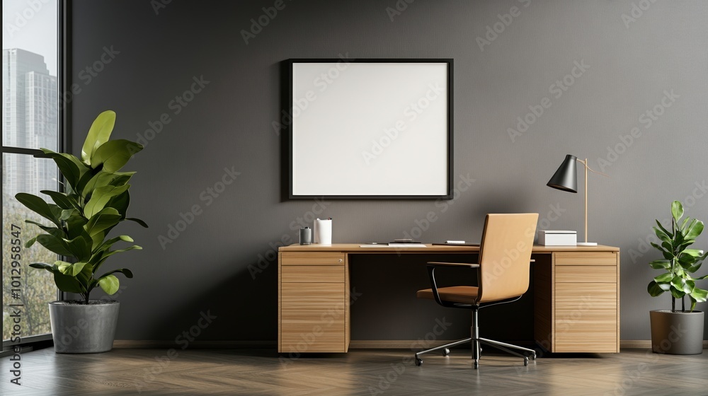 Fototapeta premium Modern workspace with desk, chair, and plants against a dark wall.