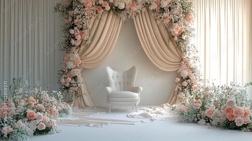 Elegant floral backdrop with a cozy chair, perfect for weddings or special events, creating a romantic and charming atmosphere. Elegant floral backdrop with a cozy chair, perfect for weddings or special events, creating a romantic and charming atmosphere.