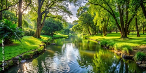 A serene river meanders through a lush green forest, dappled sunlight filtering through the leaves, reflecting on the tranquil water, creating a peaceful and idyllic natural haven.