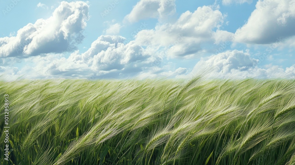 A barley field on a windy day, with the tall crops swaying in unison under a partly cloudy sky. A barley field on a windy day, with the tall crops swaying in unison under a partly cloudy sky.