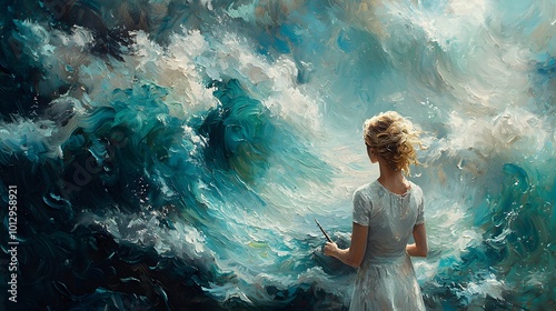 Woman in Abstract Ocean Scene with Flowing Waves