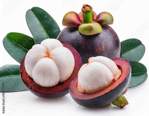 mangosteen with leaves isolated on white background