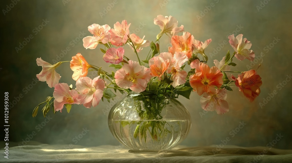 A beautiful arrangement of delicate pink and orange flowers in a clear glass vase, with soft lighting creating a calm, peaceful scene A beautiful arrangement of delicate pink and orange flowers in a clear glass vase, with soft lighting creating a calm, peaceful scene