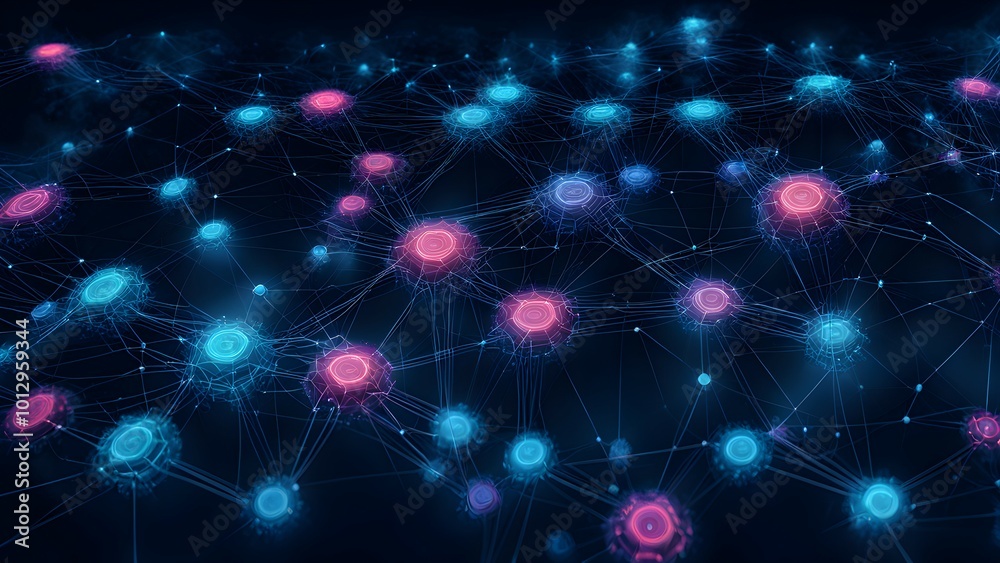 Fototapeta premium A digital network visualization with interconnected nodes in vibrant colors.