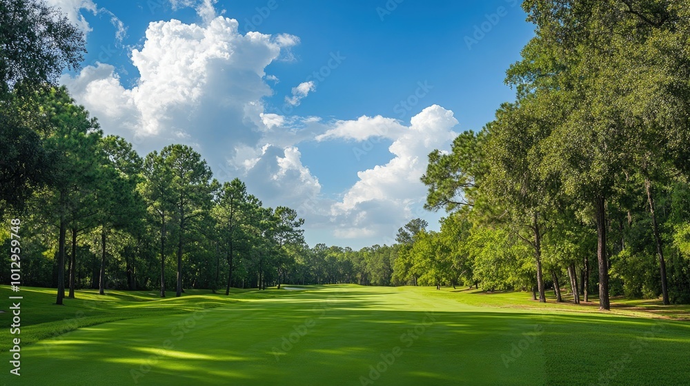Fototapeta premium A beautiful landscape of a golf course with green grass and woods, showcasing nature's beauty.