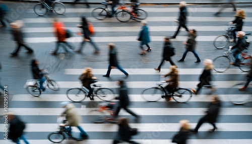 Photograph people walking or biking in a busy city, using a slow shutter speed to create motion blur while keeping the subject sharp