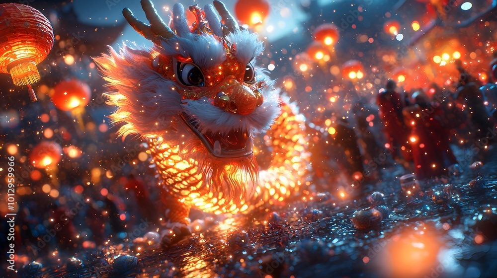 Illuminated Dragon with Lanterns at Night Celebration Illuminated Dragon with Lanterns at Night Celebration