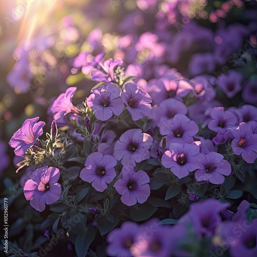 A bed of purple petunias in full bloom, with sunlight streaming through the leaves and casting a soft glow over the flowers photo