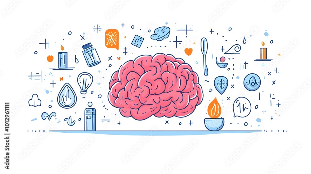 Happy Brain Surrounded by Creative Symbols and Icons Happy Brain Surrounded by Creative Symbols and Icons