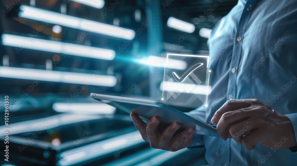Man Using Tablet with Check Mark Icon
