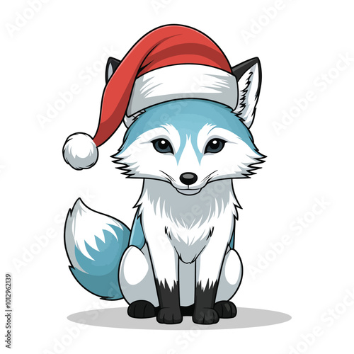 artic fox wearing santa hat while sitting isolated on white background