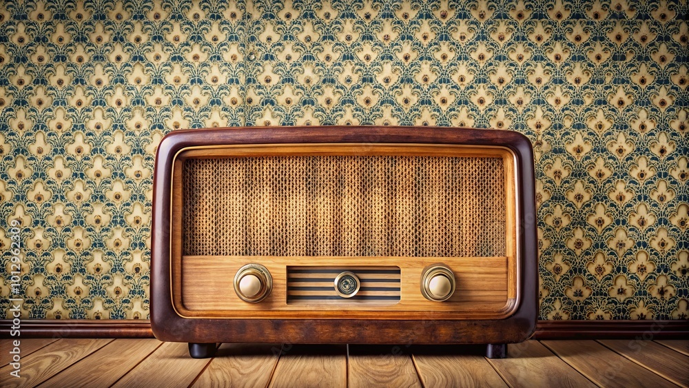 A Retro Radio Rests Against a Patterned Wall, Its Wooden Cabinet Reflecting the Warmth of a bygone Era A Retro Radio Rests Against a Patterned Wall, Its Wooden Cabinet Reflecting the Warmth of a bygone Era