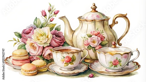 A delicate porcelain teapot and teacups adorned with floral patterns, resting amongst a bouquet of blooming roses and dainty macarons, a delightful composition for a leisurely afternoon tea