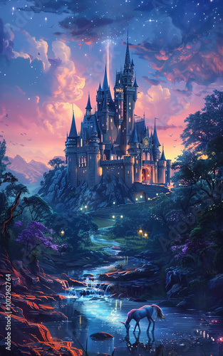 Enchanted castle at twilight surrounded by a mystical forest unicorns roaming freely.