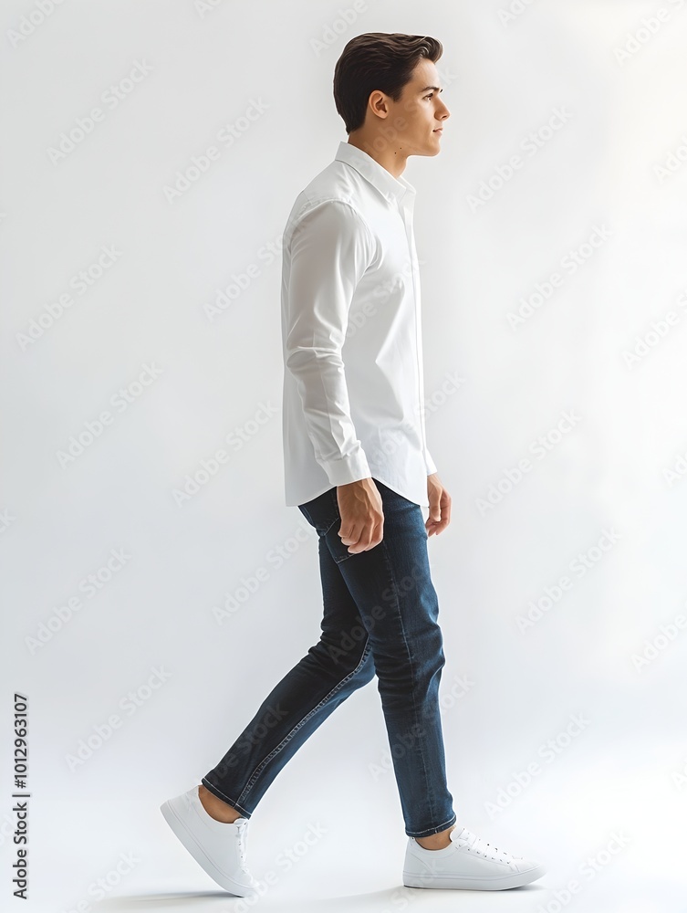Full Length Side View of a Man Walking in a White Shirt Jeans and Sneakers Against a White Background
