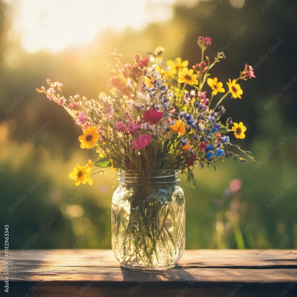 A bouquet of freshly picked wildflowers in a mason jar sitting on a rustic wooden table under soft sunlight