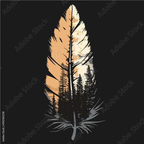 A creative t-shirt design featuring an eagle feather with a detailed pine forest scene inside, symbolizing freedom and nature.