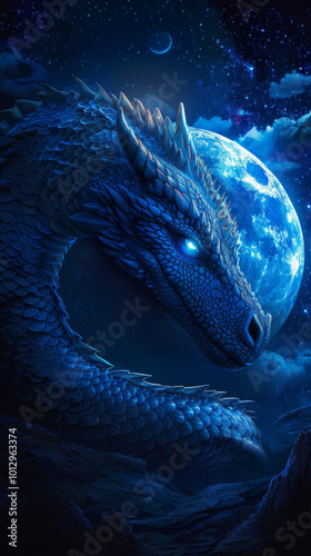 A dragon curled around the moon its scales reflecting the light of distant stars guardian of the night.