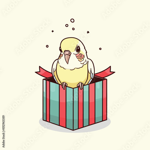 cute chibi budgie popping head out of a wrapped present box isolated on white background