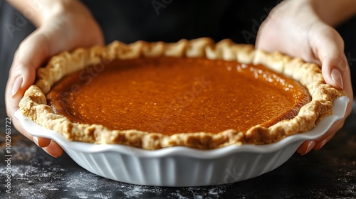 A close-up shot of hands placing pumpkin pie filling into a crust, with detailed textures and vibrant colors in 3D cartoon style