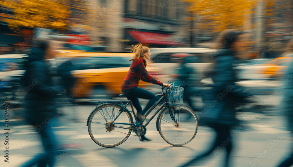 Photograph people walking or biking in a busy city, using a slow shutter speed to create motion blur while keeping the subject sharp Photograph people walking or biking in a busy city, using a slow shutter speed to create motion blur while keeping the subject sharp