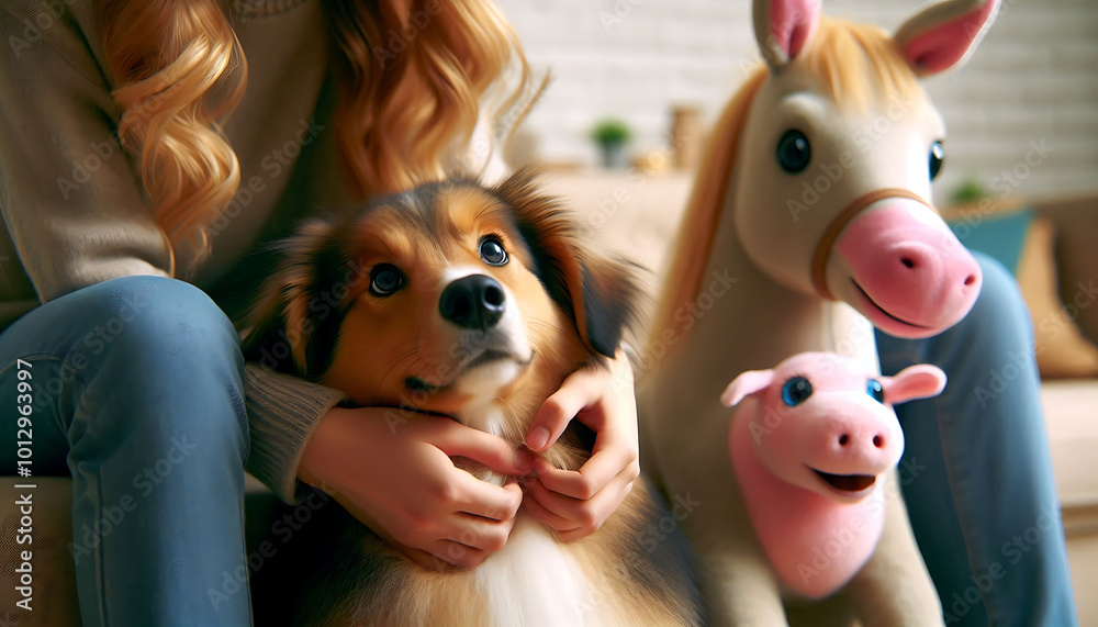 A playful scene featuring a happy girl and her horse surrounded by colorful toys and cheerful animals A playful scene featuring a happy girl and her horse surrounded by colorful toys and cheerful animals